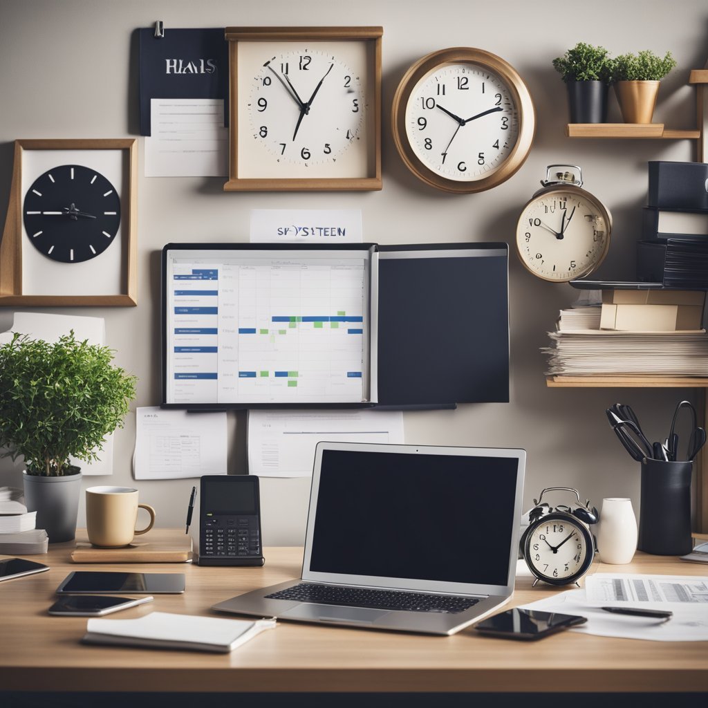 n organised desk with a laptop and clocks representing a business that works the system.